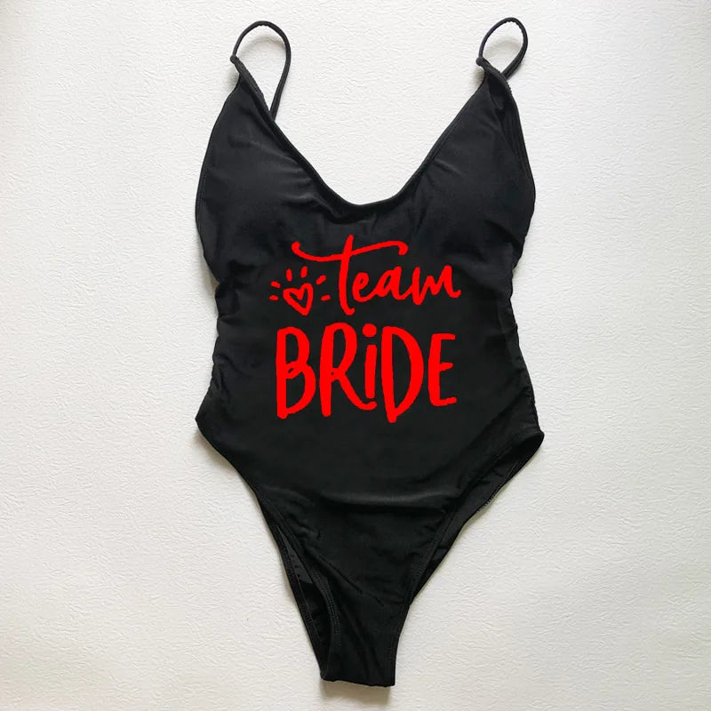 Sexy Padded Swimwear Women Team Bride Love Print One Piece Swimsuit Summer Bathing Suit Bachelor Party Beachwear backless bikini