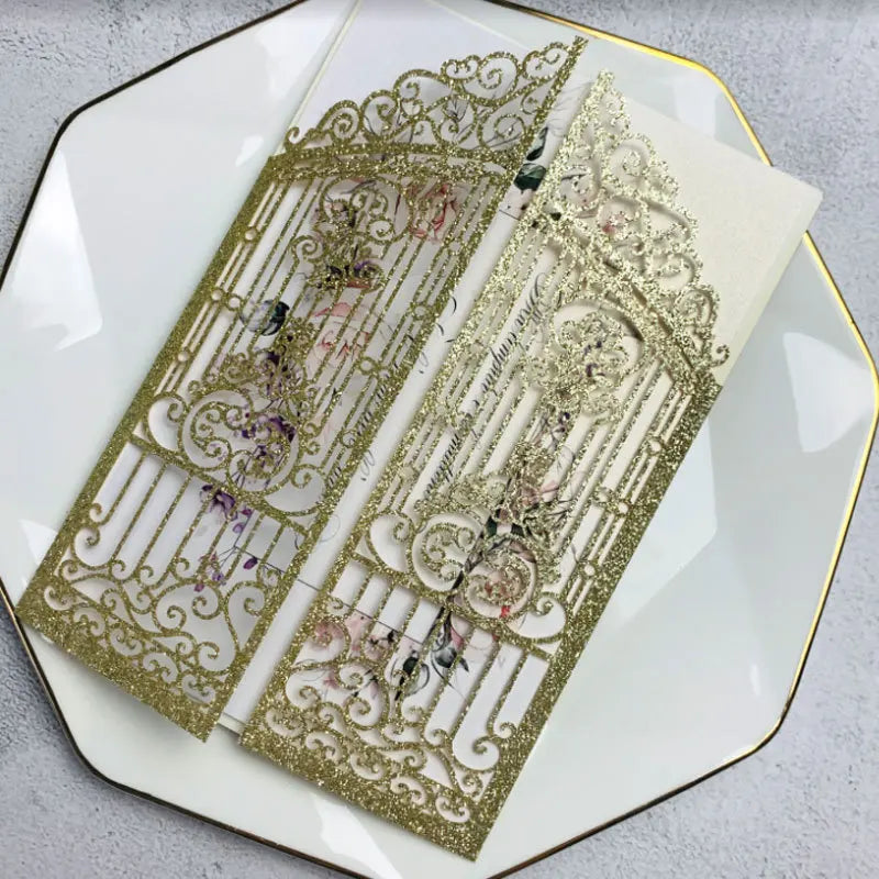 10 Pieces Laser Cut Wedding Gate Love Door Invitation Card Black Pink Gold Engagement Party Greeting Invitations IC165