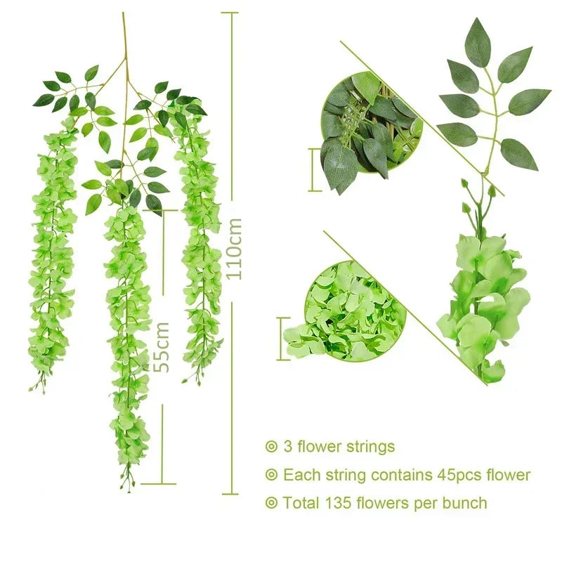 Wisteria Vine Artificial Flowers Wholesale 110cm Trailing Fake Flower String for Home Wedding Party Decor Silk Wisteria Garland