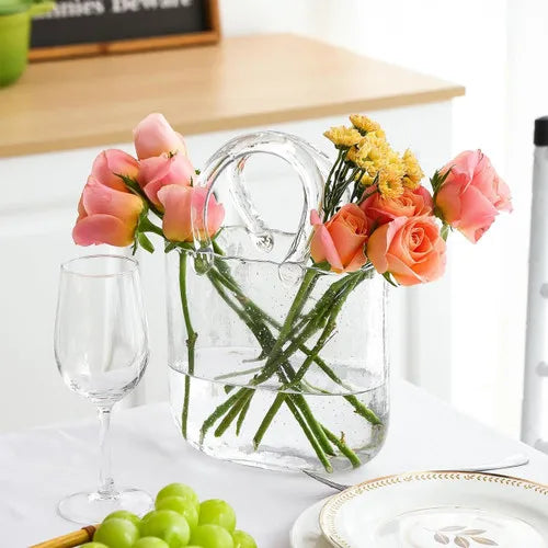 Clear Glass Vase Fish Tank Tote Bag Flower Handbag Bag Vase Desktop Centerpiece for School Office Bedroom Decoration