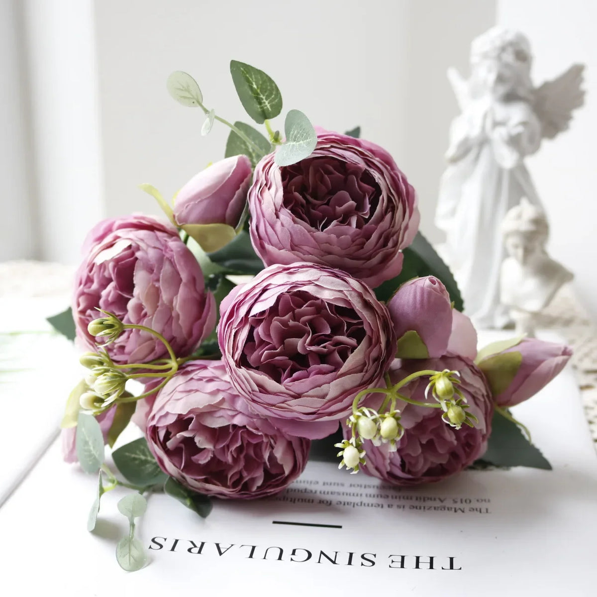 30cm Rose White Peony Artificial Flowers Bouquet 5 Big Head and 4 Bud Cheap Fake Flowers for Home Wedding Decoration Indoor