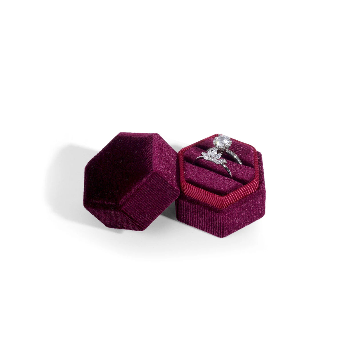 Vintage Hexagon Velvet Jewelry Double Ring Box Empty Case Holder for Engagement Wedding Ceremony Valentines Day Gift Organizer