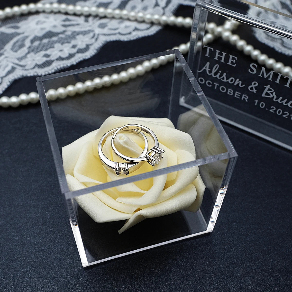 Personalized Clear Acrylic Ring Box, Custom Wedding Rings Box, Engraved Names, Ring Holder, Wedding Ring Bearer