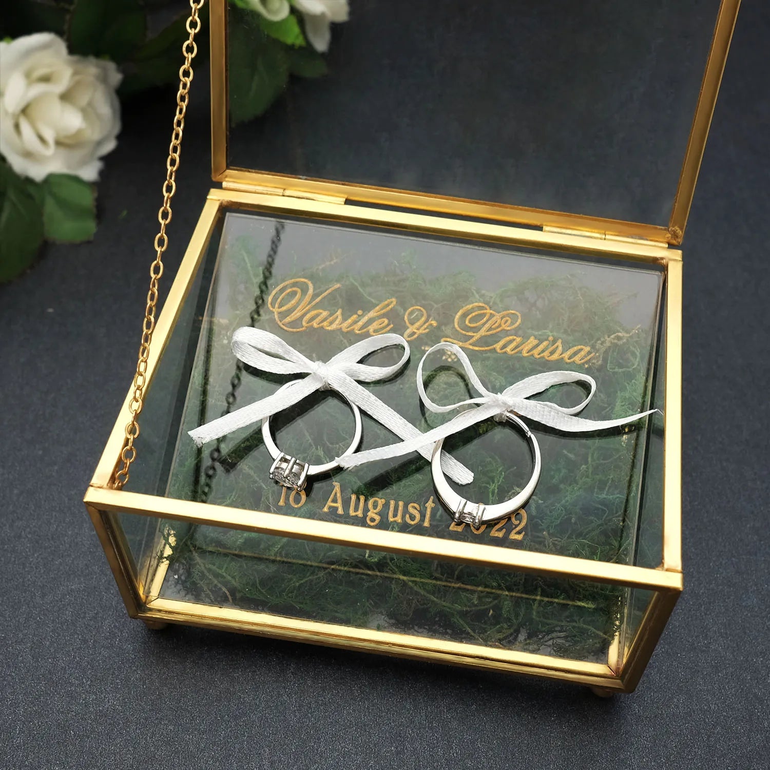 Personalized Glass Ring Box Custom Wedding Ring Holder Engagement Gold Glass Jewelry Storage Box Customized Your Names and Date