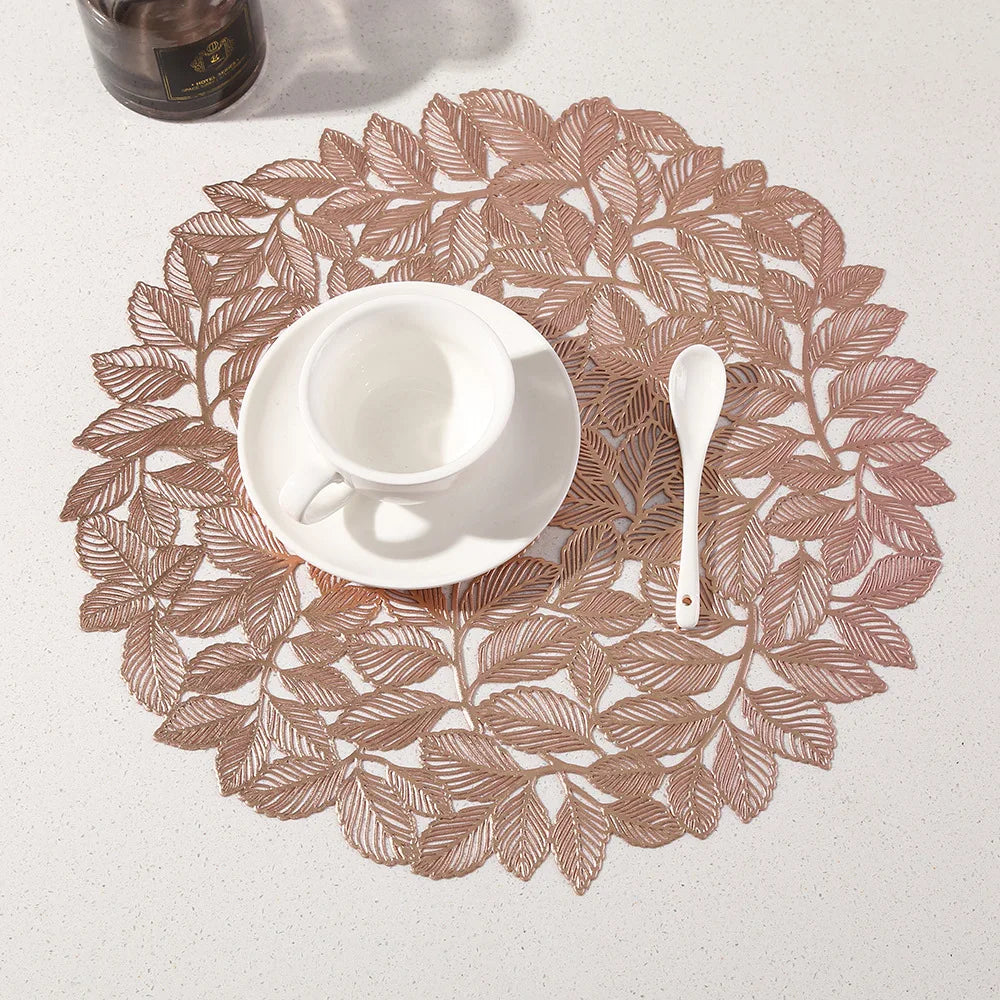 15inch Placemats Set of 6 Gold Leaf Round Placemats Non-Slip Wipeable Table Mats for Dinner,Party,Wedding Accent Centerpiece