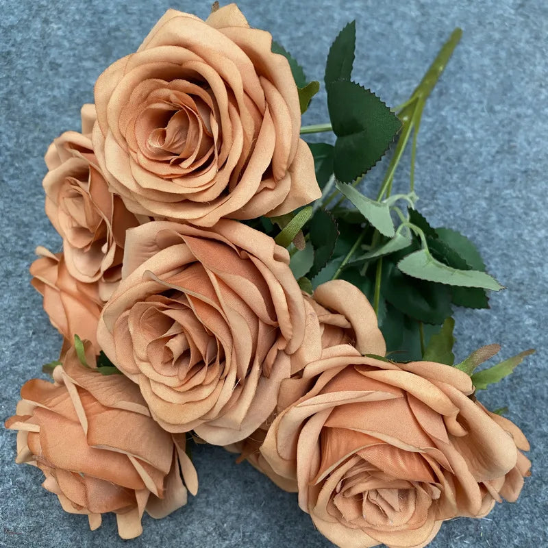 9 Heads 1 Bunch Camellia Rose Artificial Flower Holding Bouquets Party Wedding Scene Display Room Home Decor Fake Floral Gifts