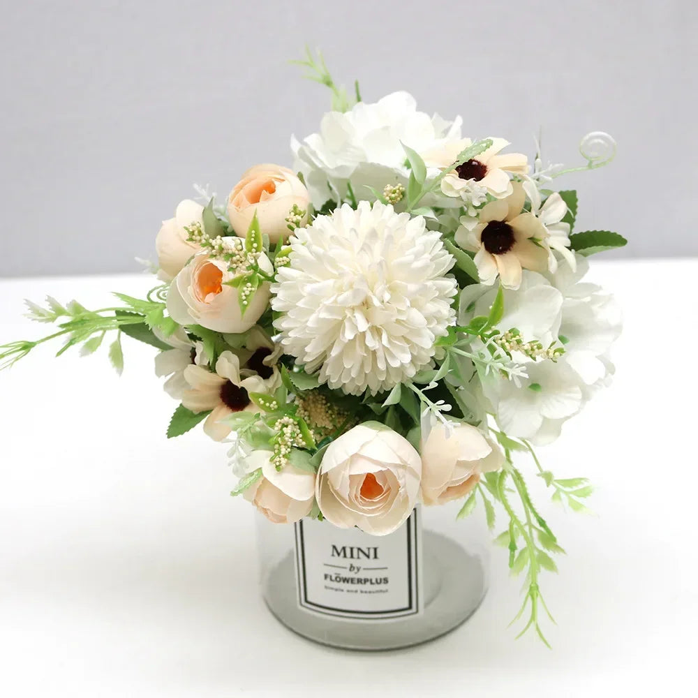 7 Heads Hydrangea Flowers Artificial Bouquet Silk Blooming Fake Peony Bridal Hand Flower Roses Wedding Centerpieces Decor