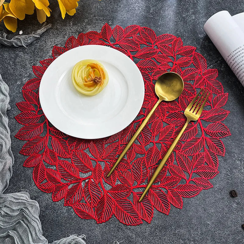 15inch Placemats Set of 6 Gold Leaf Round Placemats Non-Slip Wipeable Table Mats for Dinner,Party,Wedding Accent Centerpiece