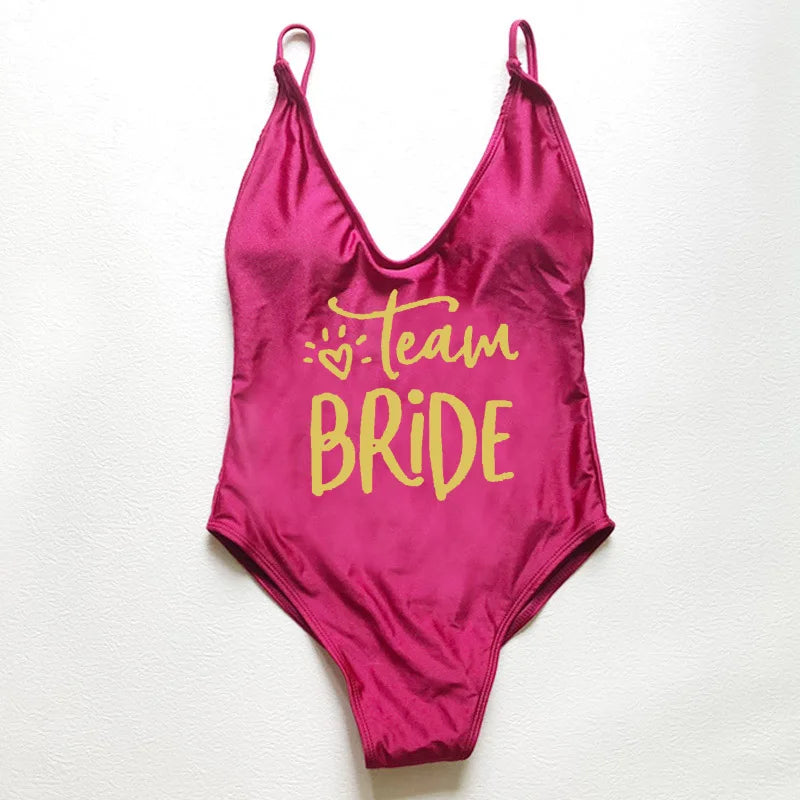 Sexy Padded Swimwear Women Team Bride Love Print One Piece Swimsuit Summer Bathing Suit Bachelor Party Beachwear backless bikini