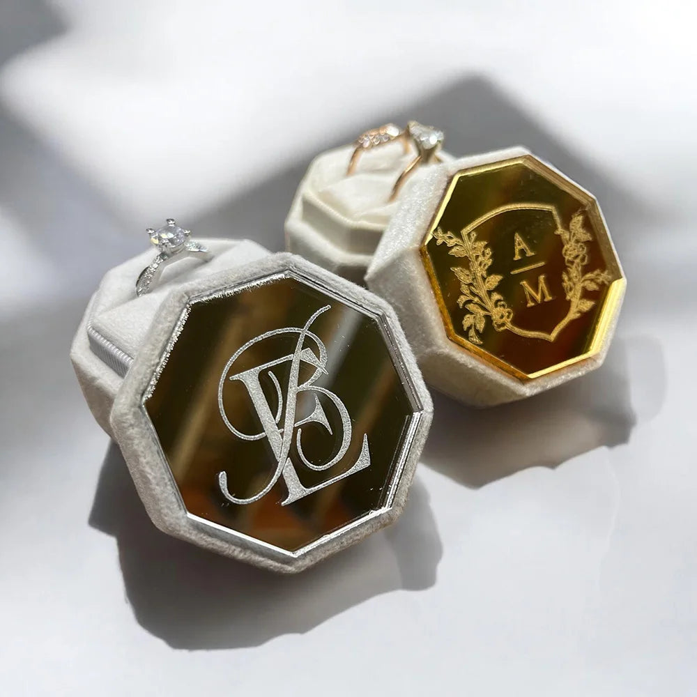 Personalised Acrylic Topper Velvet Ring Box Custom Wedding Octogon Ring Box Engagement Proposal Idea Double Slot Ring Holder