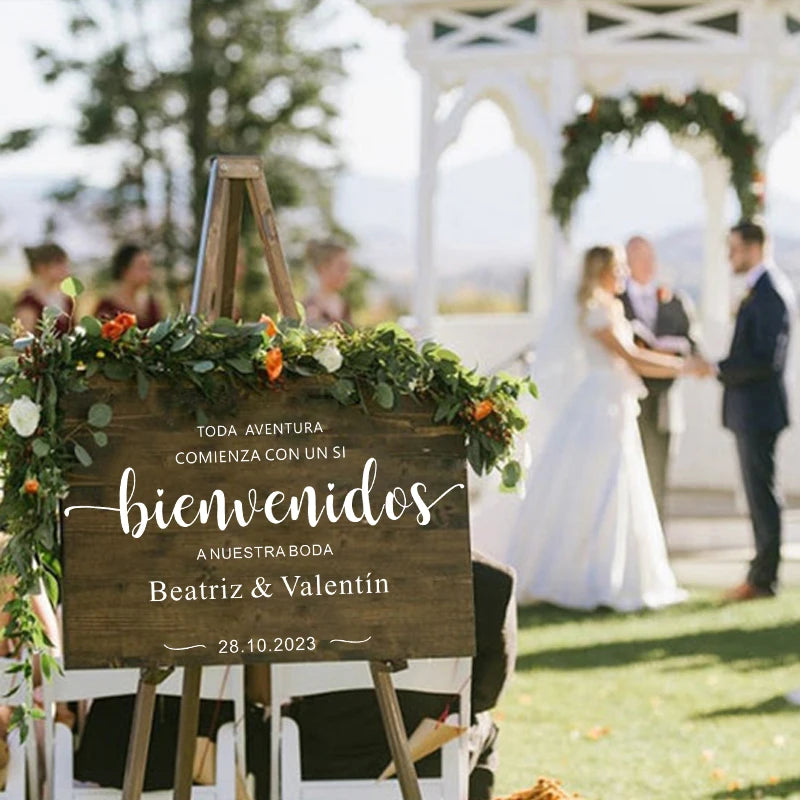 Spanish Wedding Welcome Sign Vinyls Sticker Personalized Wedding Board Frame Decals Customized Name Date Wedding Party Decor