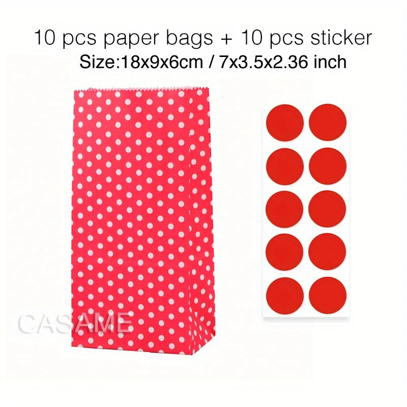 10 pcs Colorful Solid Stripe and Polka Dot Stand-Up Bags with Stickers - 18x9x6cm Favor Gift Packing Treat Bags for Wedding
