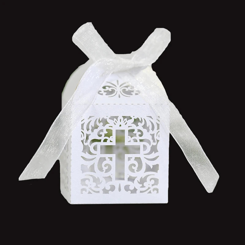 20/30/50PCS Cross Carriage Laser Cut Candy Boxes Wedding Favors Gifts Box Communion Christening Easter Baby Shower Party Decor