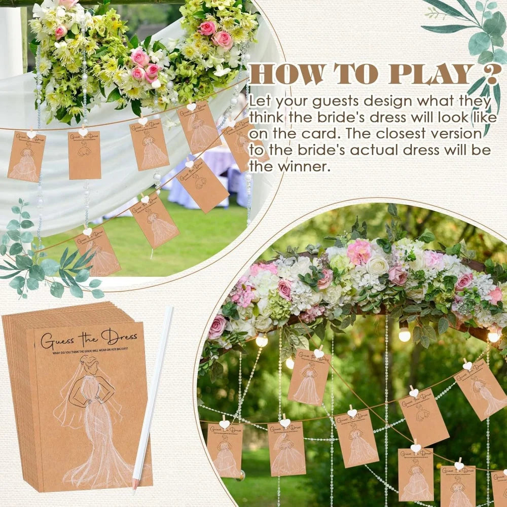 10/20Set Guessing Wedding Dress Up Game Card Bridal Shower Hand Drawing Games Card with Clips Pens Engagement Wedding Decoration