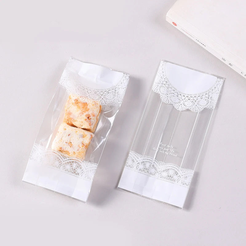 50Pcs White Lace Cookie Biscuit Bag Clear Candy Snack Wrap Bag Wedding Birthday Party Supplies Christmas Gift Baking Packaging