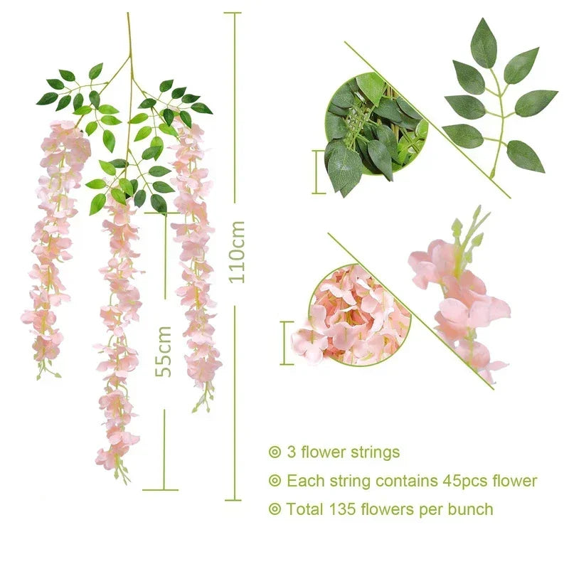 Wisteria Vine Artificial Flowers Wholesale 110cm Trailing Fake Flower String for Home Wedding Party Decor Silk Wisteria Garland