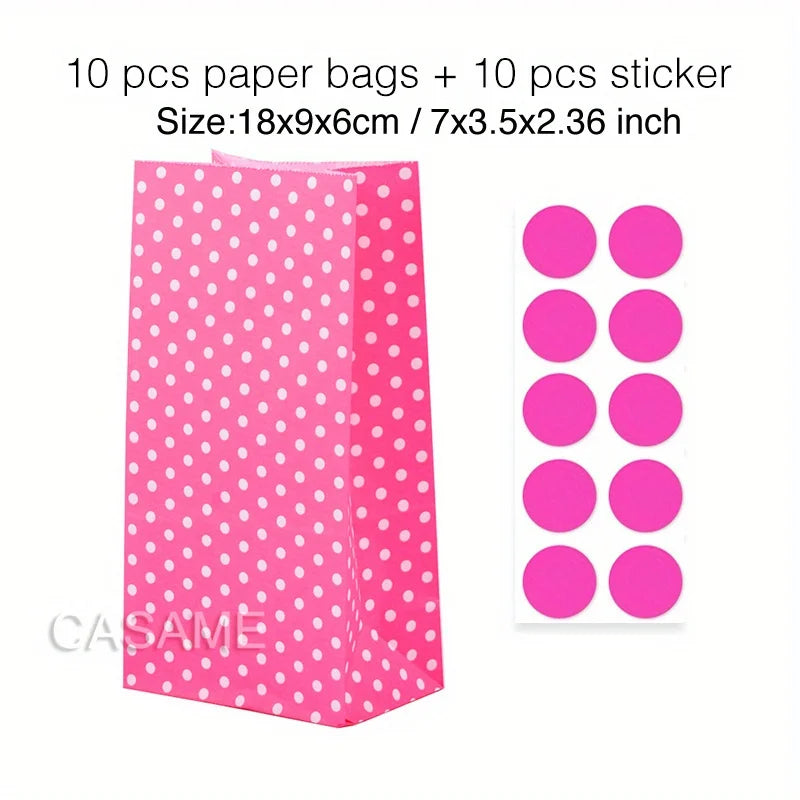 10 pcs Colorful Solid Stripe and Polka Dot Stand-Up Bags with Stickers - 18x9x6cm Favor Gift Packing Treat Bags for Wedding