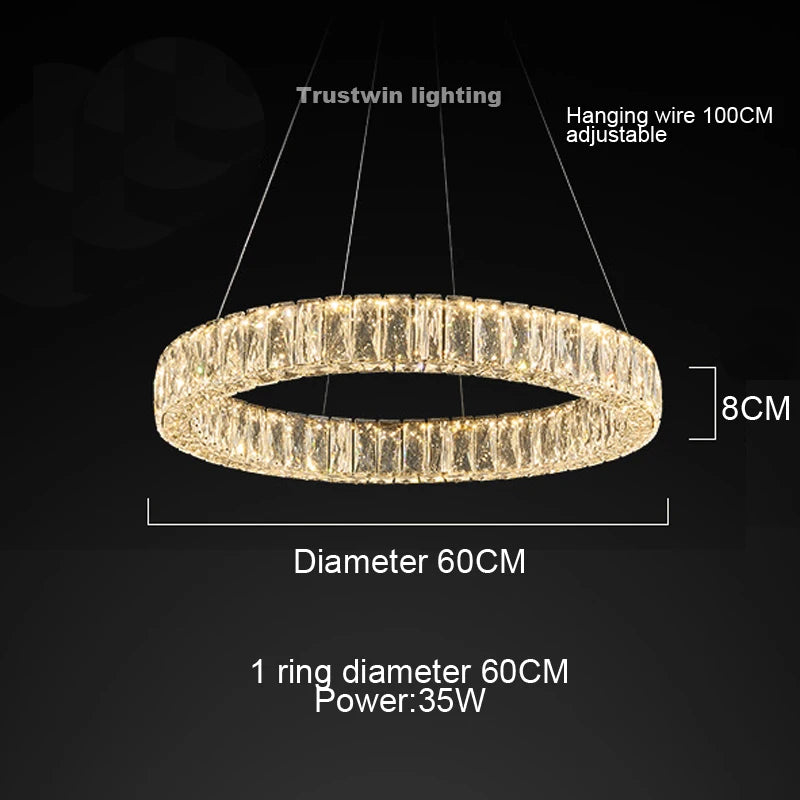 Round Crystal Chandelier Light LED Indoor Modern 40 60 80 100CM Circular Ring Hanging Lamp for Living Dinning Room Bedroom