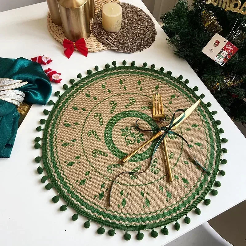 Jute Table Mats Christmas Woven Placemat Ins Printed Hairball Thermal Insulation Mat Retro Cotton and Linen Decorative Mat