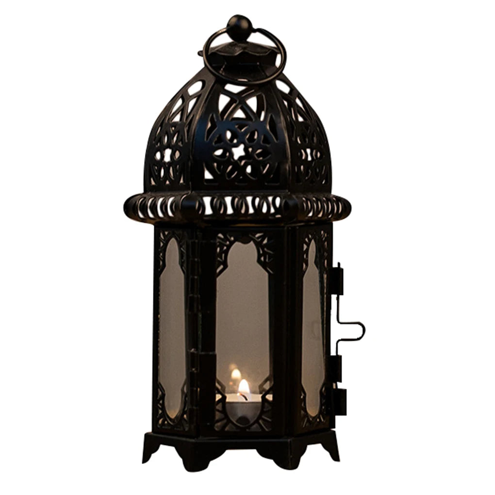 Glass Crystal Moroccan Candlestick Metal Hollow Candle Holder Home Coffee Shop Decoration Iron Hanging Candle Lantern