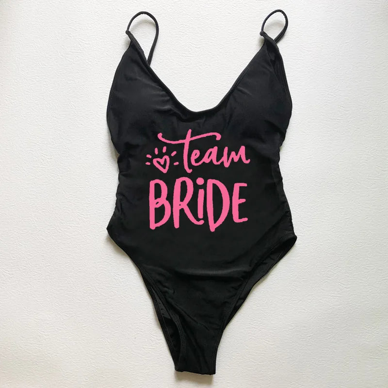 Sexy Padded Swimwear Women Team Bride Love Print One Piece Swimsuit Summer Bathing Suit Bachelor Party Beachwear backless bikini