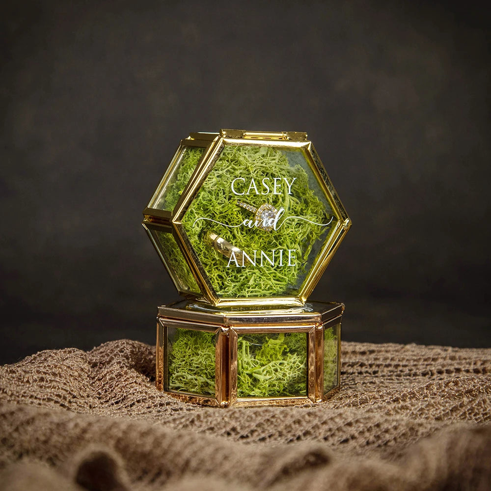 Personalized Hexagon Glass Ring Box with Moss Wedding Gold Ring Bearer Box Modern Geometrical Clear Jewelry Storage Box