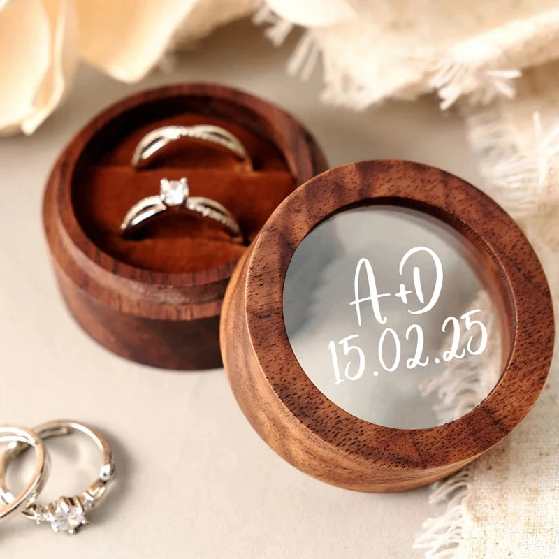 Personalized Wooden Wedding Ring Box with Clear Acrylic Cover, Custom Round Engagement Proposal Holder, Double Ring Bearer Box