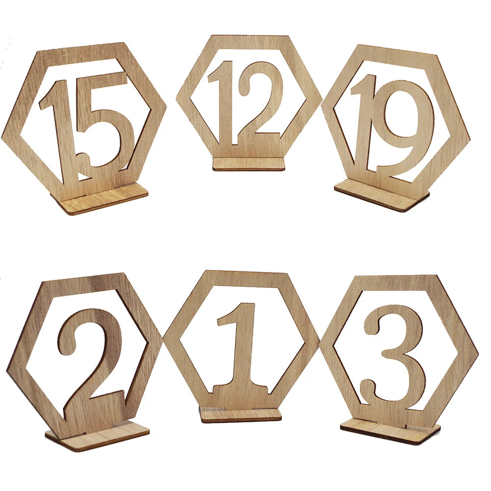 1Set Wedding Table Numbers Sign Hexagon Wooden Seat Number Holders Wedding Decoration Birthday Party Engagement Supplies