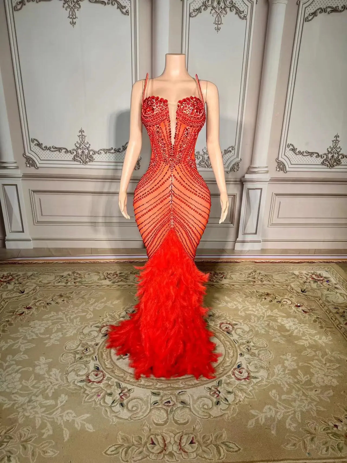 New Sparkly Rhinestones Pearls Floor-length Feathers Dress Women Birthday Celebrate Wedding Evening Prom Dress Photo Shoot Wear