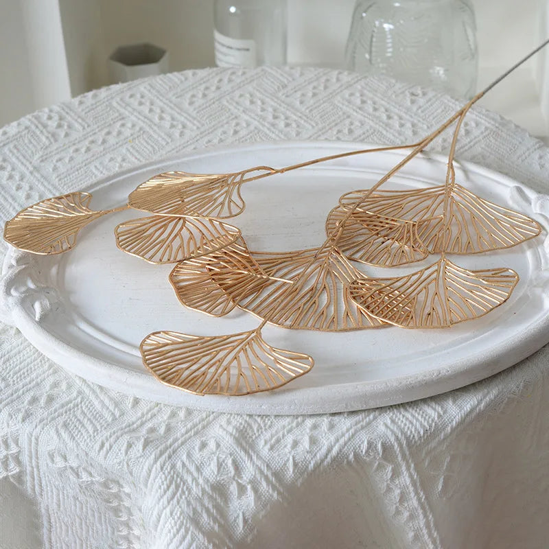 1/2/5pcs Three-pronged Fan Leaf Netting Artificial Gold Ginkgo Eucalyptus Holly For Wedding Arch Flower Arrangement Home Decor