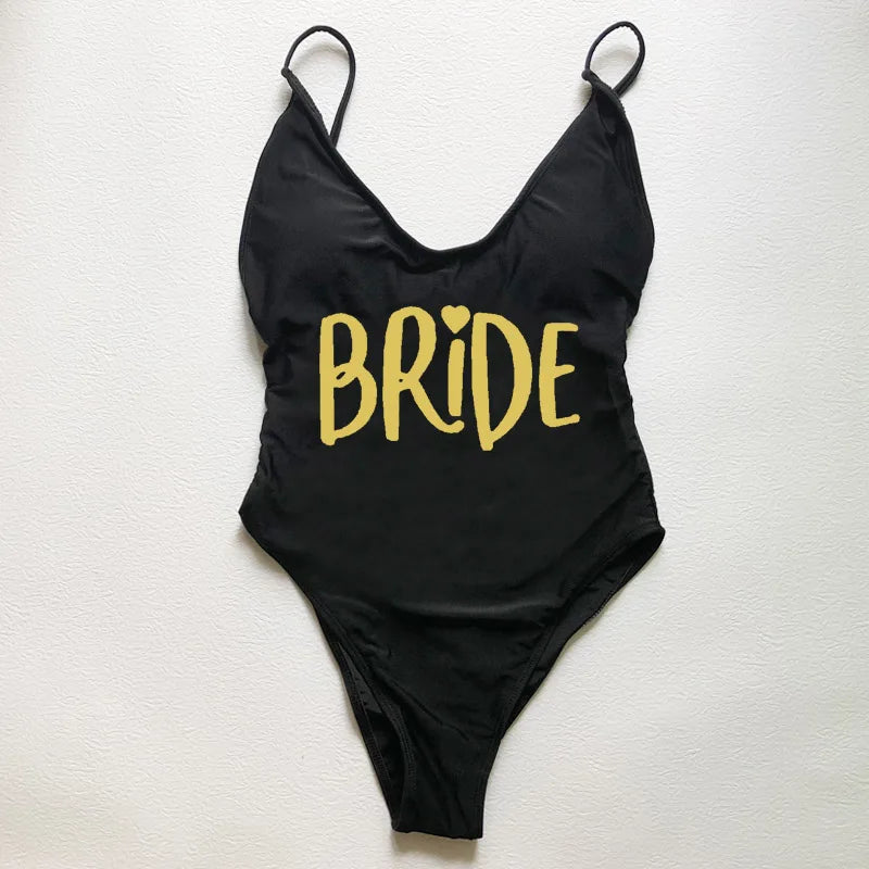 Sexy Padded Swimwear Women Team Bride Love Print One Piece Swimsuit Summer Bathing Suit Bachelor Party Beachwear backless bikini