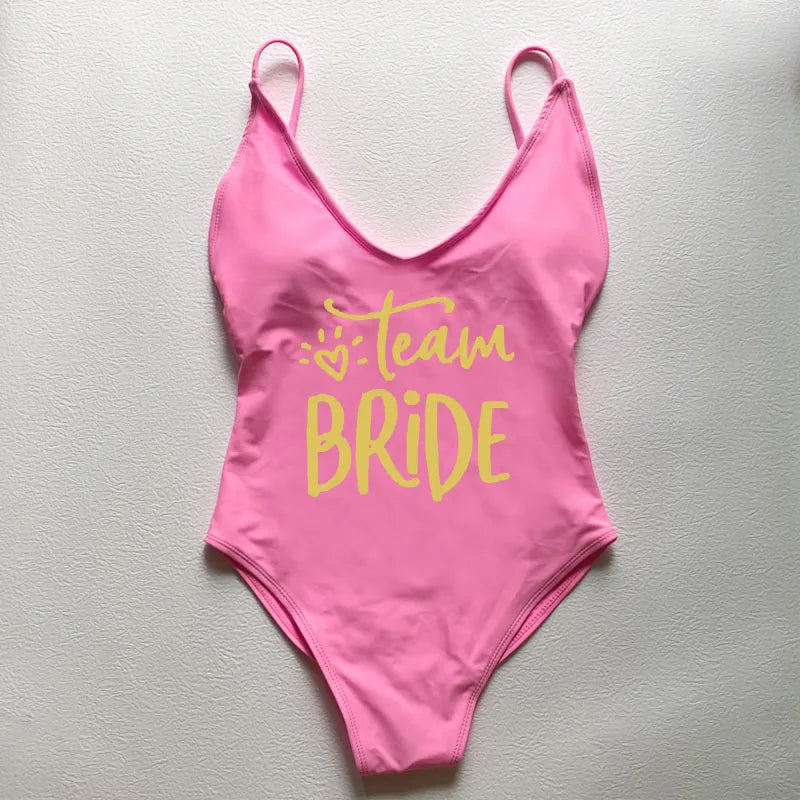 Sexy Padded Swimwear Women Team Bride Love Print One Piece Swimsuit Summer Bathing Suit Bachelor Party Beachwear backless bikini