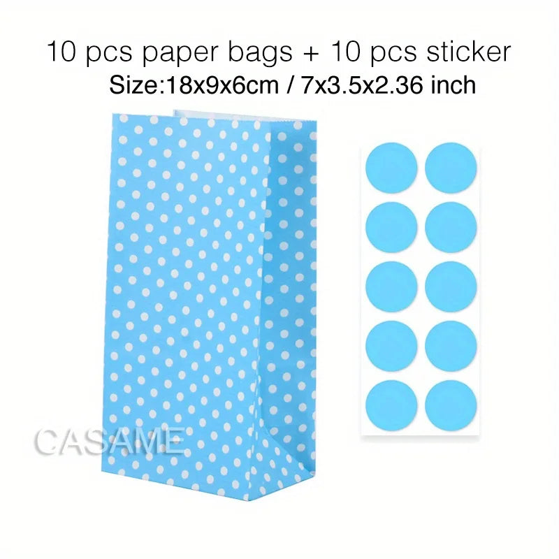 10 pcs Colorful Solid Stripe and Polka Dot Stand-Up Bags with Stickers - 18x9x6cm Favor Gift Packing Treat Bags for Wedding