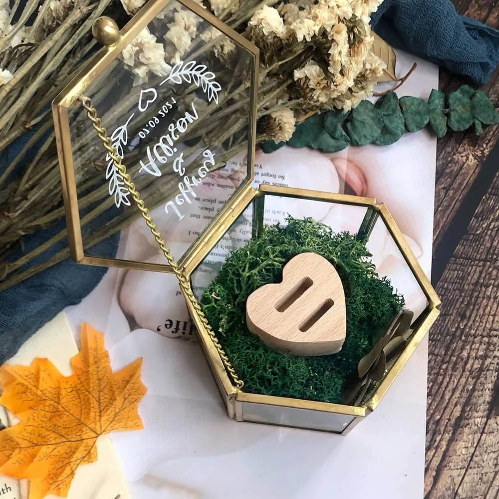 Hexagon Glass Ring Box with Moss Gold or Rose Gold Personalized Ring Box for Wedding Ceremony Modern Ring Holder for Engagements