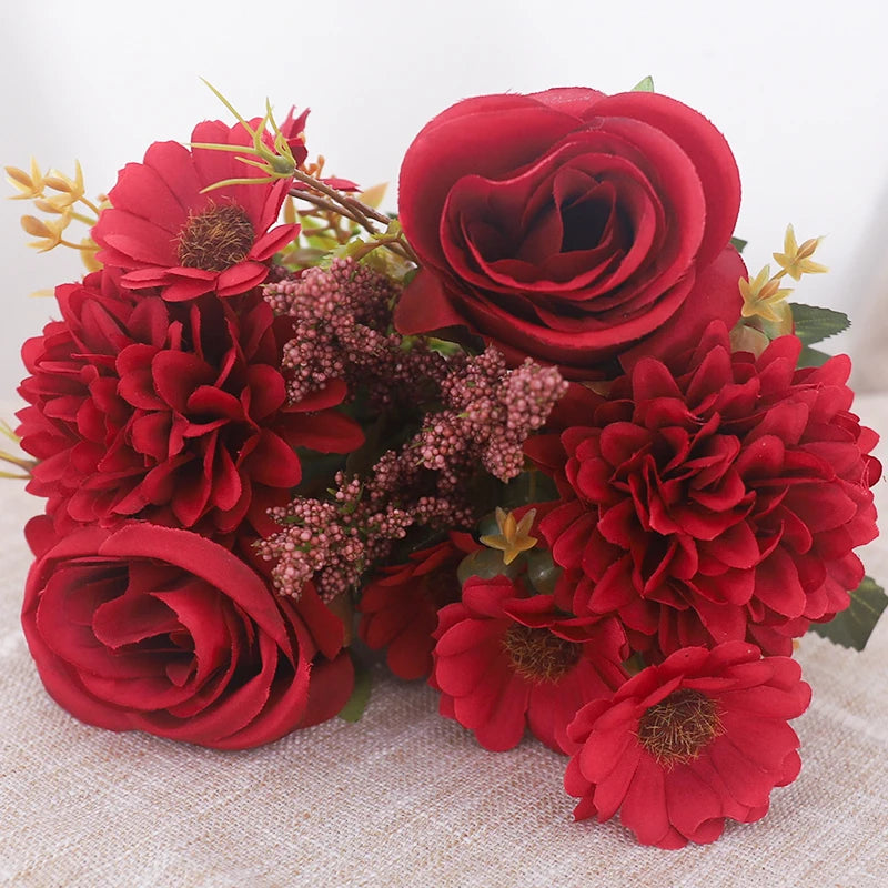Autumn Artificial Flowers Rose Bride Bouquet Wedding Christmas Living Room Table Decoration For Vase Home DIY Fake Plants