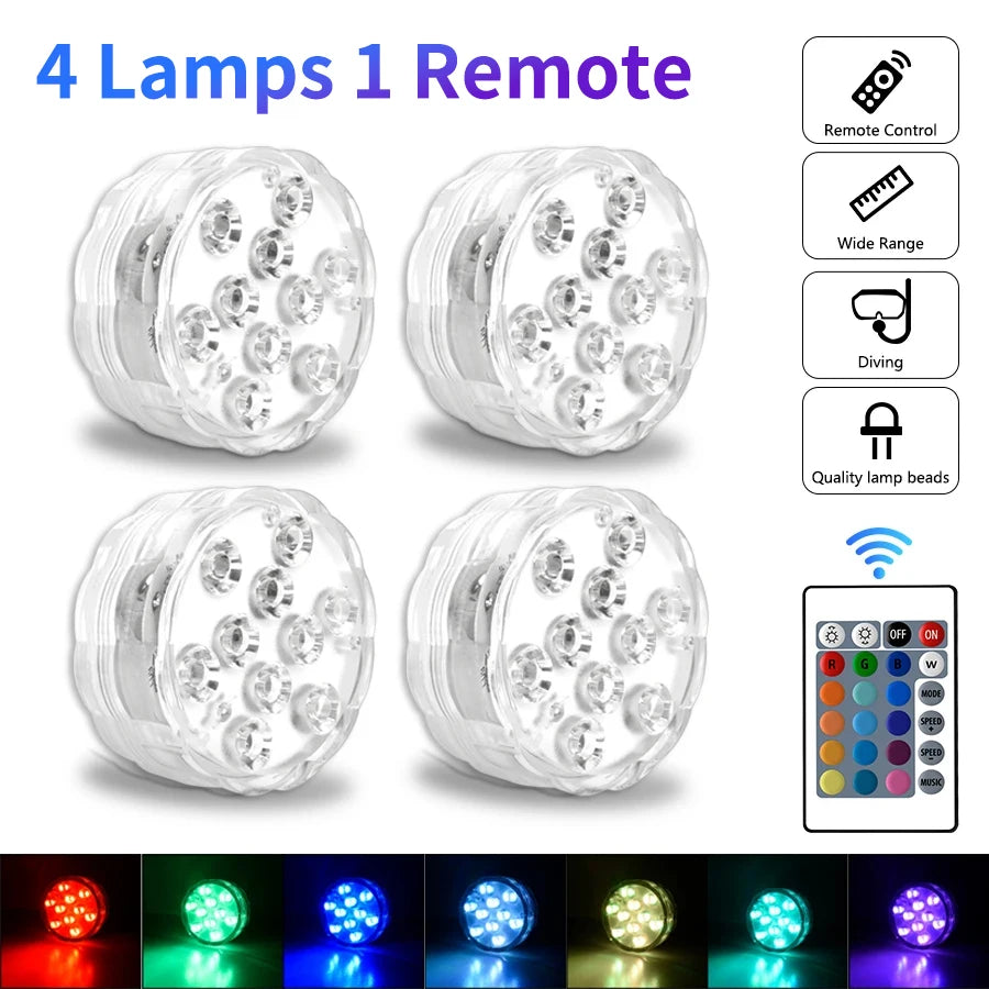 10 LEDs RGB Submersible Light Underwater Lamp Battery Operated Garden Swimming Pool Light for Wedding Party Aquarium Vase Bowl