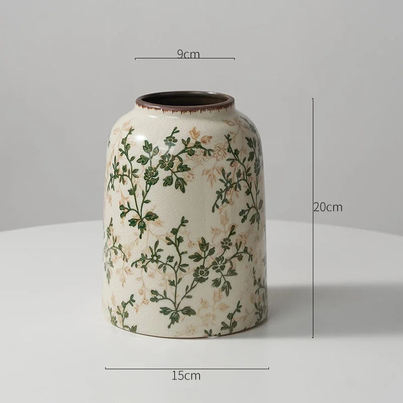 New Ceramic Vase Pastoral Style Green Flowers Ice Cracked Ceramic Vase Home Decoration Living Room Porch Hydroponic Plant Vase