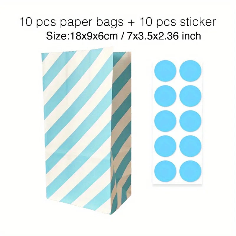 10 pcs Colorful Solid Stripe and Polka Dot Stand-Up Bags with Stickers - 18x9x6cm Favor Gift Packing Treat Bags for Wedding