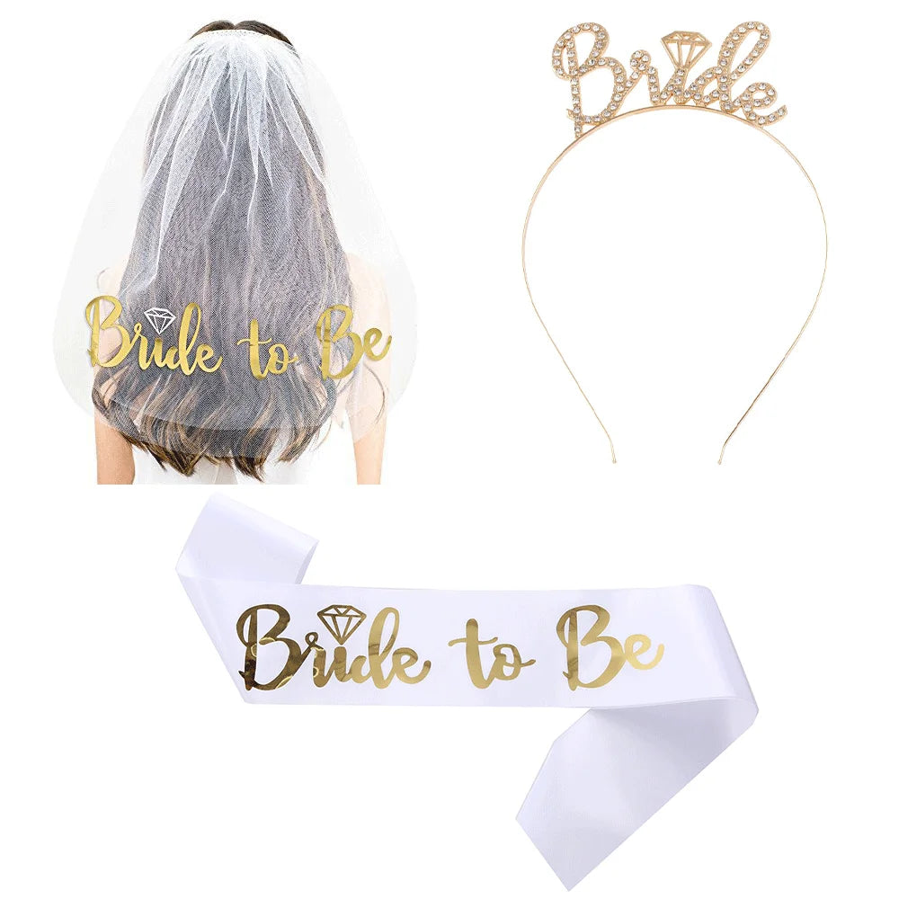 Wedding Party Set Rose Gold Bride to Be Bridal Shower Bridal Straps wedding veil headband hen night bachelorette party supplies