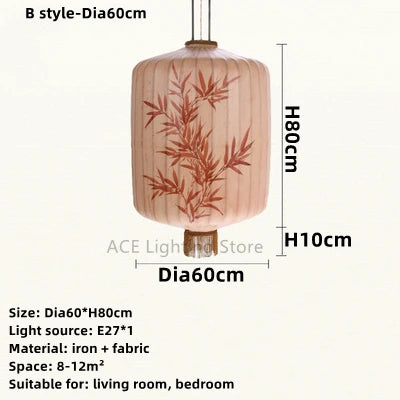 New Chinese Fabric Lantern Lamp For Restaurant Living Room Retro Hotel Homestay Balcony Hand Drawn Pattern Chandelier Free Bulb