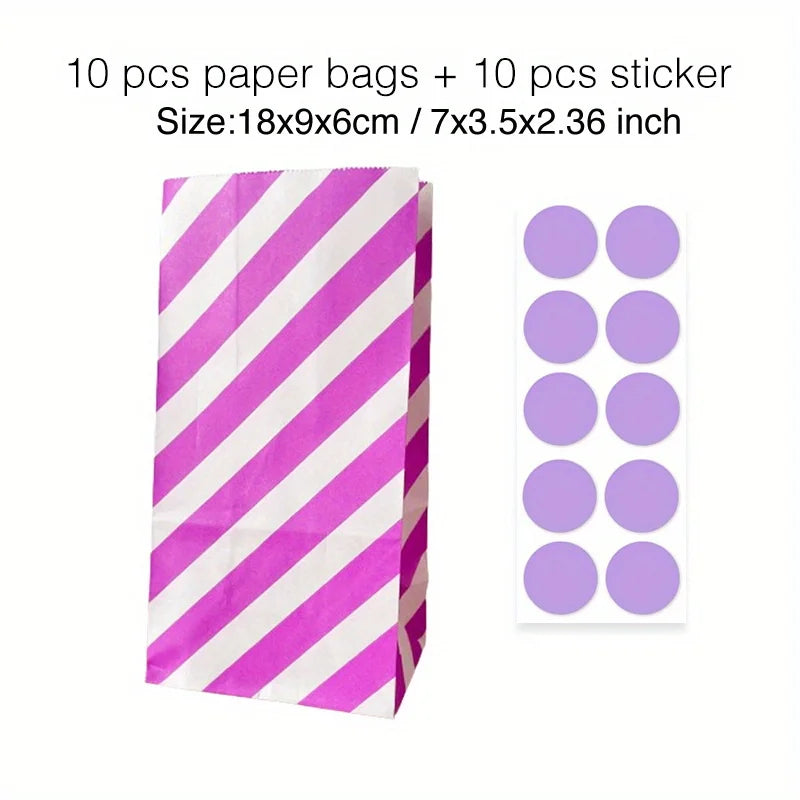 10 pcs Colorful Solid Stripe and Polka Dot Stand-Up Bags with Stickers - 18x9x6cm Favor Gift Packing Treat Bags for Wedding