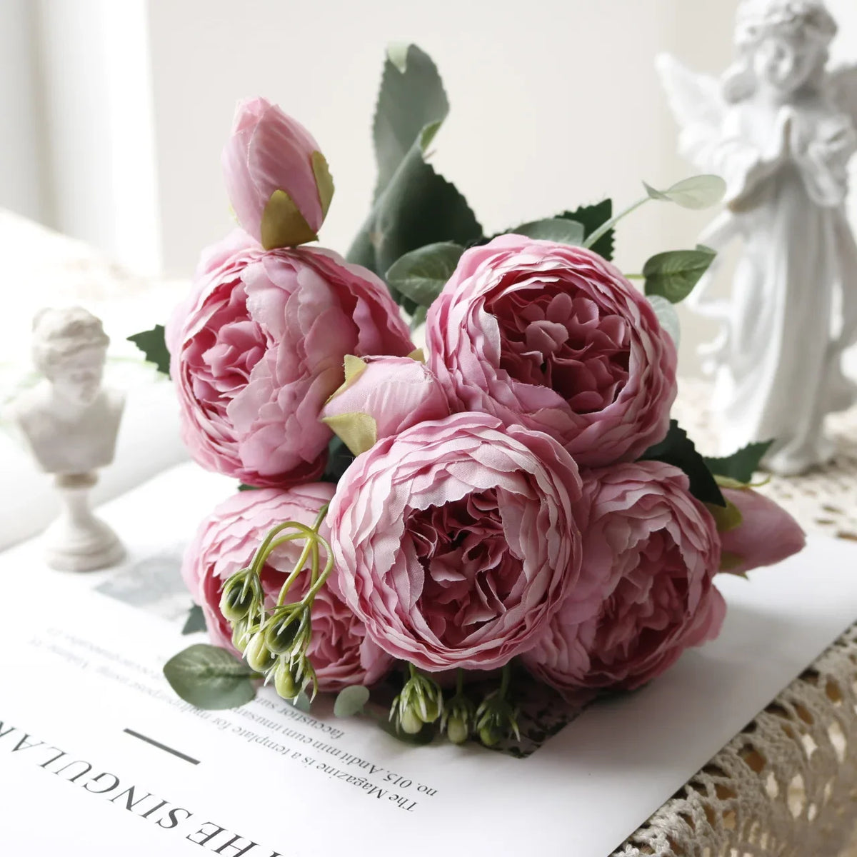 30cm Rose White Peony Artificial Flowers Bouquet 5 Big Head and 4 Bud Cheap Fake Flowers for Home Wedding Decoration Indoor