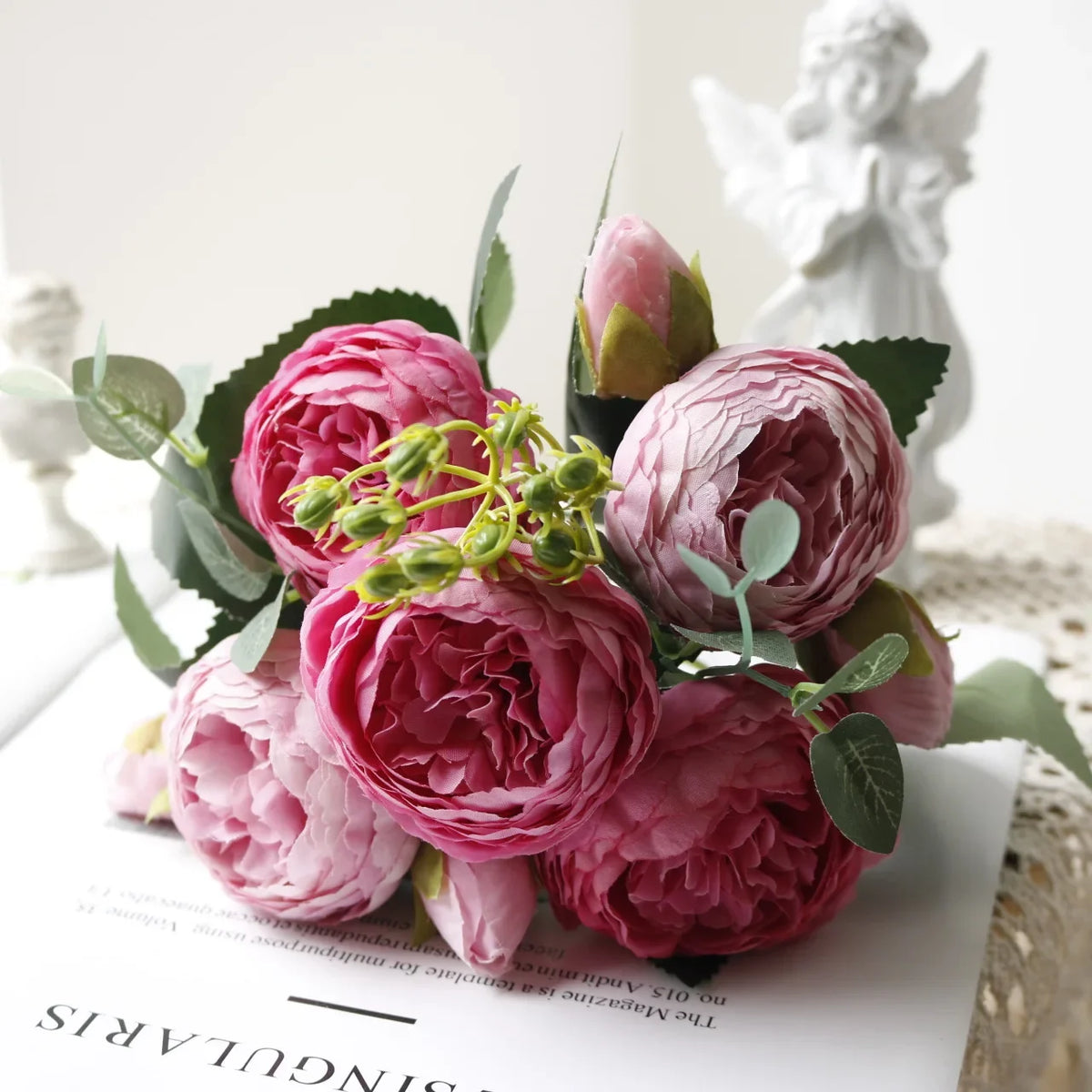 30cm Rose White Peony Artificial Flowers Bouquet 5 Big Head and 4 Bud Cheap Fake Flowers for Home Wedding Decoration Indoor