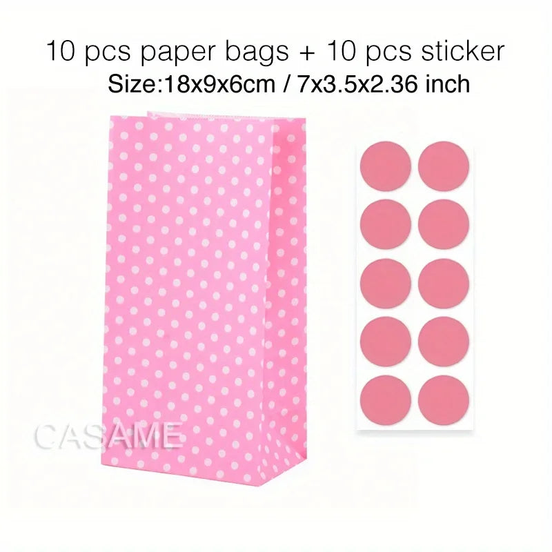 10 pcs Colorful Solid Stripe and Polka Dot Stand-Up Bags with Stickers - 18x9x6cm Favor Gift Packing Treat Bags for Wedding