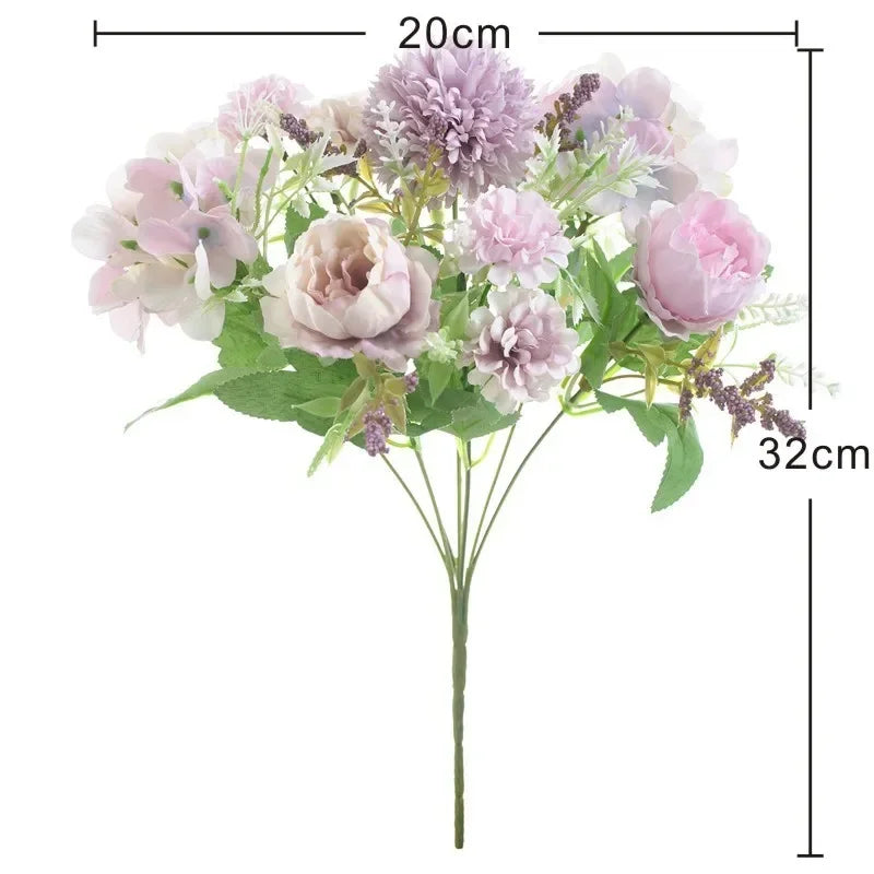 7 Heads Hydrangea Flowers Artificial Bouquet Silk Blooming Fake Peony Bridal Hand Flower Roses Wedding Centerpieces Decor