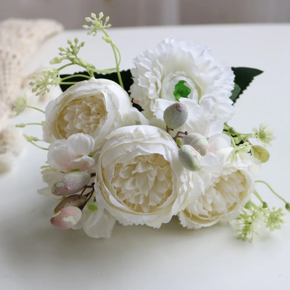Hot Selling 1pcs/30cm Rose Pink Silk Bouquet Peony Artificial Flower 5 Big Head 4 Small Bud Bride Wedding Home Decoration Artifi
