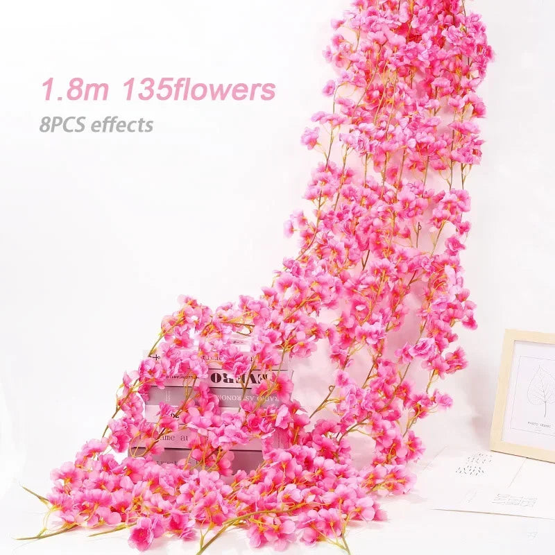 Artificial Flowers Cherry Blossoms Vines Silk Flowers Sakura Rattan Christmas Ornament Hanging Garland Wedding Home Decoration