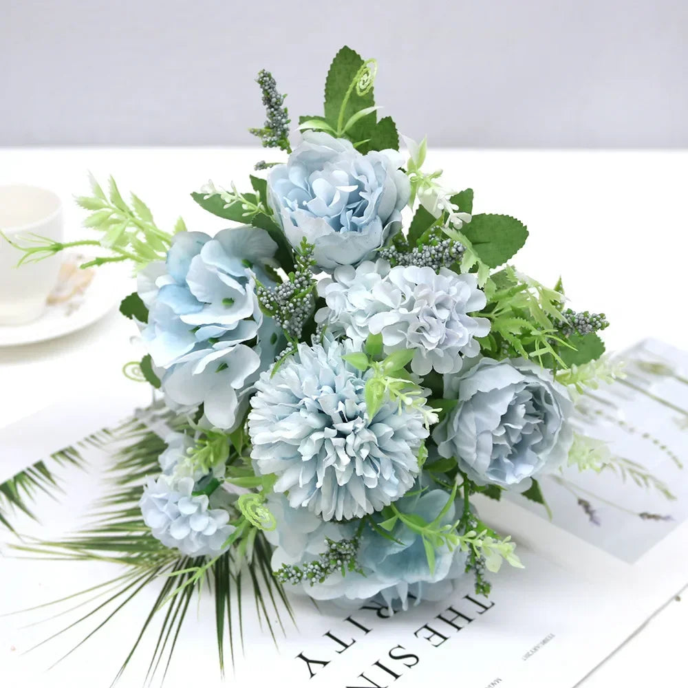 7 Heads Hydrangea Flowers Artificial Bouquet Silk Blooming Fake Peony Bridal Hand Flower Roses Wedding Centerpieces Decor