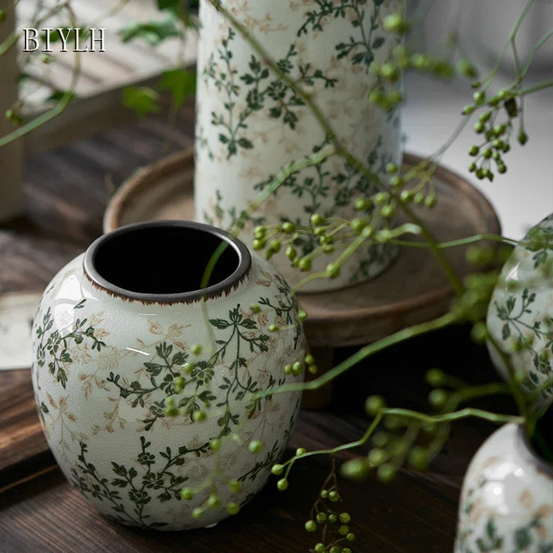 New Ceramic Vase Pastoral Style Green Flowers Ice Cracked Ceramic Vase Home Decoration Living Room Porch Hydroponic Plant Vase