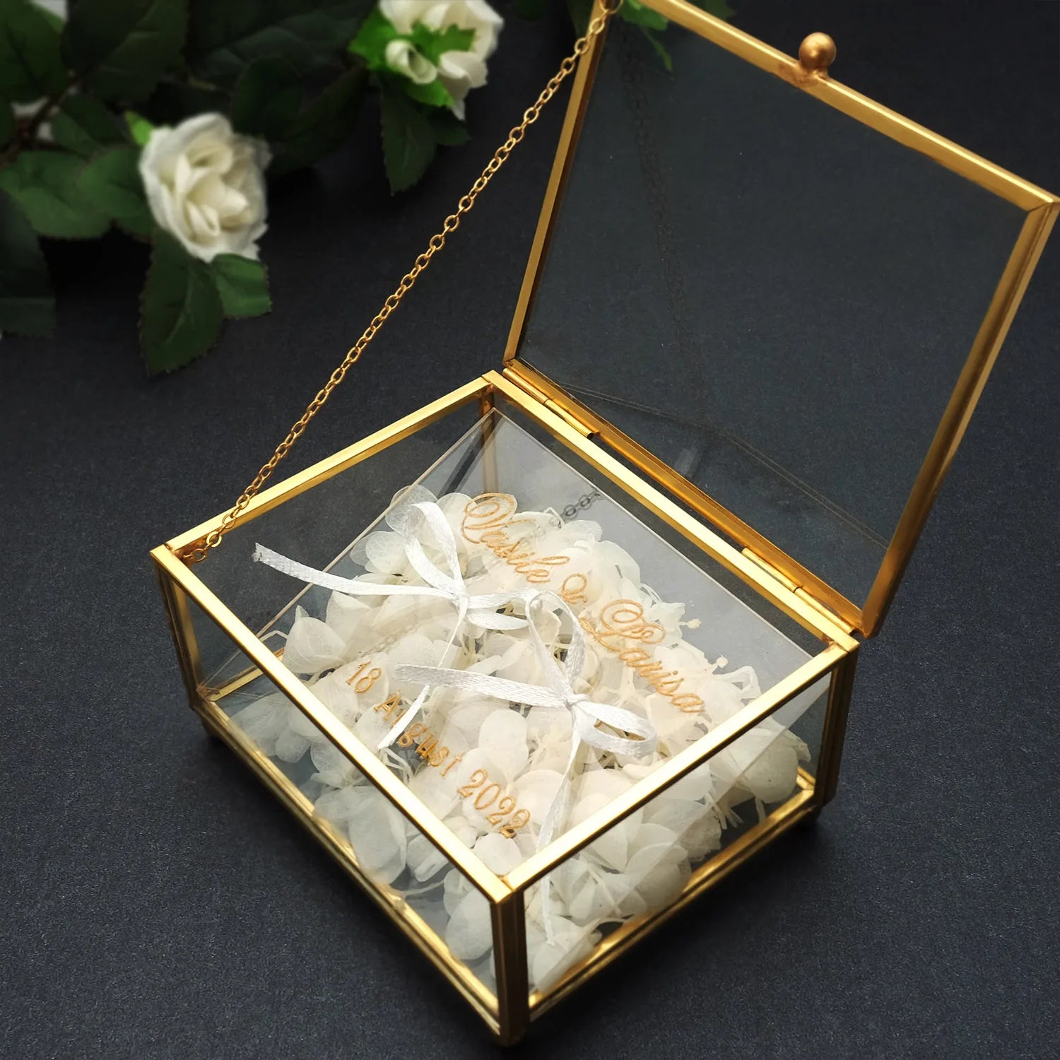 Personalized Glass Ring Box Custom Wedding Ring Holder Engagement Gold Glass Jewelry Storage Box Customized Your Names and Date